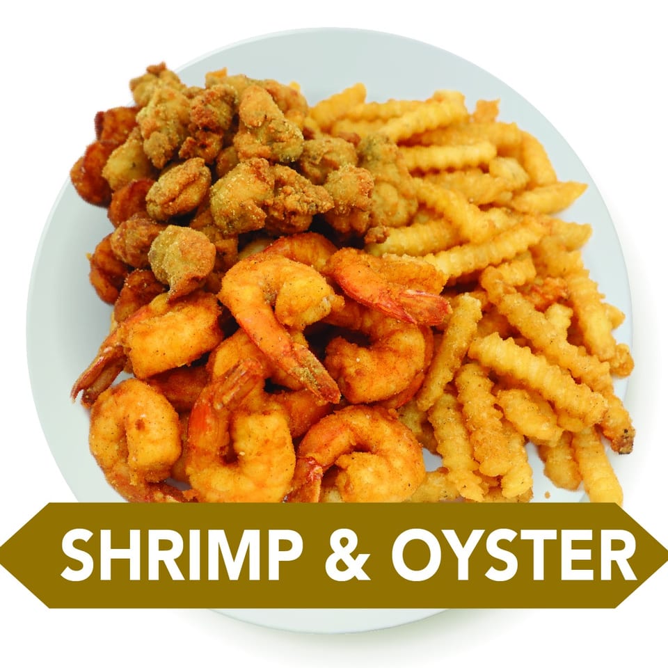 Fried shrimp, fried oysters, and crinkle-cut fries on a white plate.