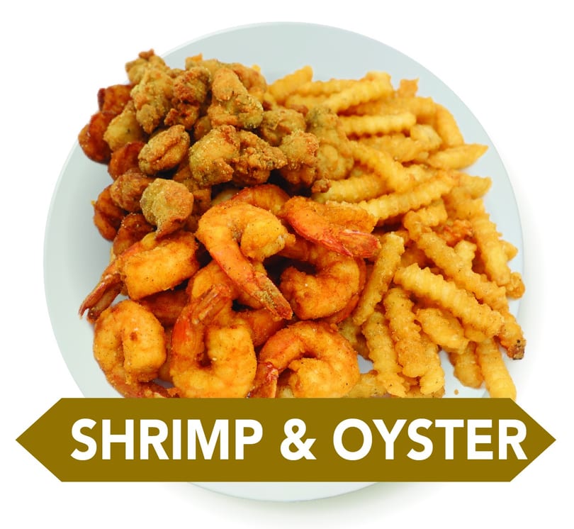 Fried shrimp, fried oysters, and crinkle-cut fries on a white plate.