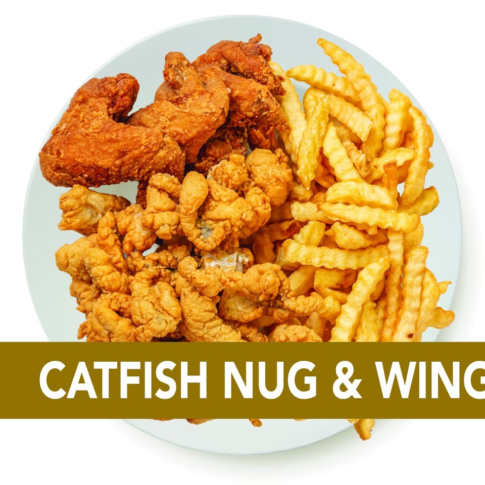 A white plate holds fried catfish nuggets, chicken wings, and crinkle-cut fries.