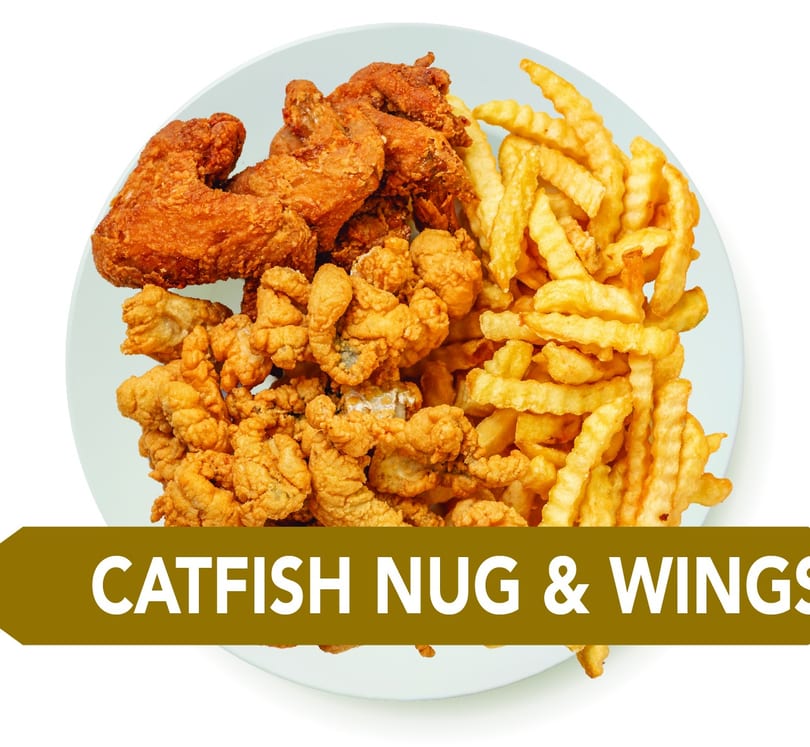 A white plate holds fried catfish nuggets, chicken wings, and crinkle-cut fries.