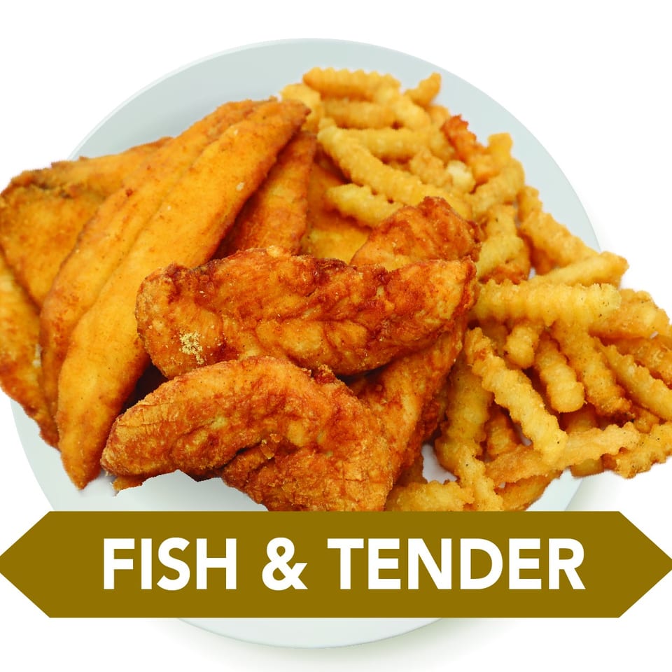 Crispy fried fish fillets, chicken tenders, and crinkle-cut fries on a white plate.